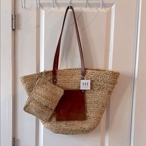 Anthropologie Haute Hippie boho woven straw beach tote bag with brown accents